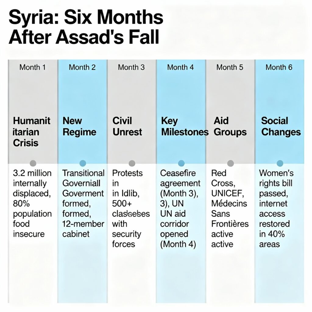 infographic timeline showing major events inside Syria, six months after Assad's fall, include humanitarian crisis, shifting power, civil unrest, aid efforts, new leadership
